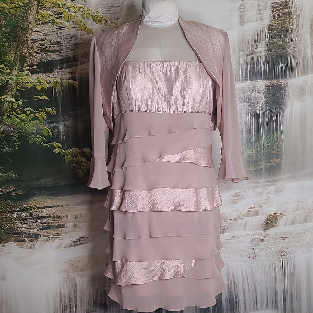 SL Fashions Womens 18 dusty mauve Ruffled Shimmery Formal Dress with Jacket